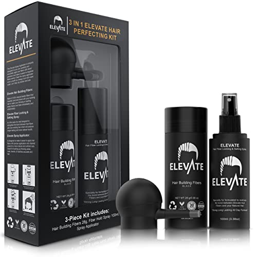 ELEVATE Hair Perfecting 3-in-1 Kit Set Includes Natural Hair Thickening Fibers & Spray Applicator Pump Nozzle & Locking Setting Hold Spray | Instantly Conceal Balding and Thinning Areas (Black)