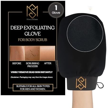 Exfoliating Glove Kessa Mitt Body Scrubber - Dead Skin Remover Shower Glove for Dead Skin Scrubbing and Deep Pore Cleansing - by MoroccanSource (1 Pack Black)