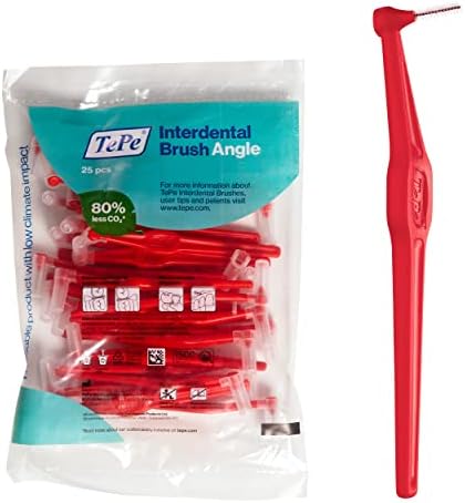 TePe Interdental Brush Angle, Angled Dental Brush for Teeth Cleaning, Pack of 25, 0.5 mm, Extra-Small/Small Gaps, Red, Size 2