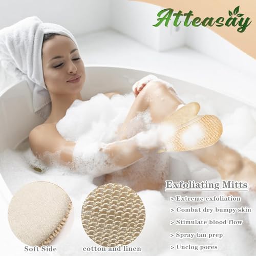 Exfoliating Natural Loofah Sponge Back Scrubber for Shower, Loofah Sponge Pads & Exfoliating Glove, Bath Shower Scrubber for Men and Women
