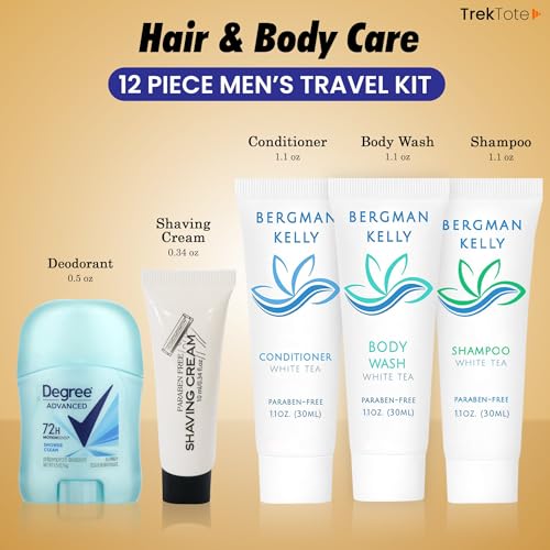 Trektote Travel Toiletry Kit For Men – (50 Pack) 12 Piece Set Of Travel Size Toiletries, TSA Compliant, Travel Essentials, Includes Shampoo And Conditioner, Body Wash, Toiletry Bag & More