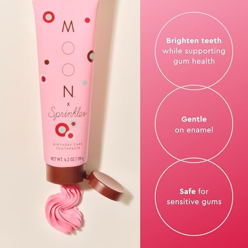 Moon x Sprinkles Birthday Cake Flavored Toothpaste, Fluoride Free - Sugar & SLS Free Toothpaste - Low-Foaming, Gentle on Gums & Enamel - with Hints of Vanilla Buttercream (4.2 Oz)