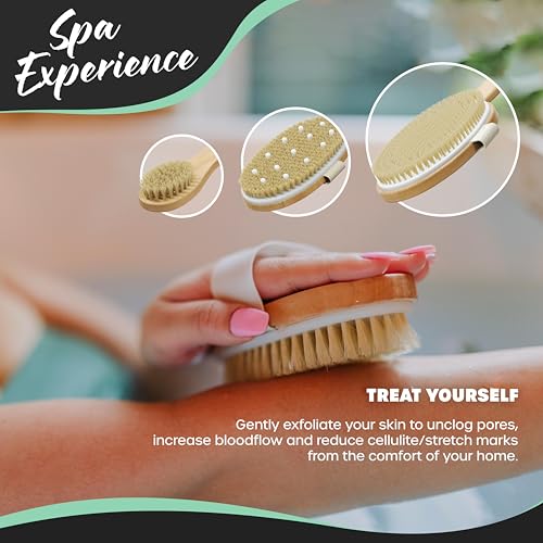 Nevlers Natural Boar Bristle Dry Brushing Body Brush 4-Piece Massage Set | Detachable Long Wooden Handled Back Scrubber, Exfoliating Body Scrubber, Small Exfoliating Face Brush, & Cloth Travel Bag