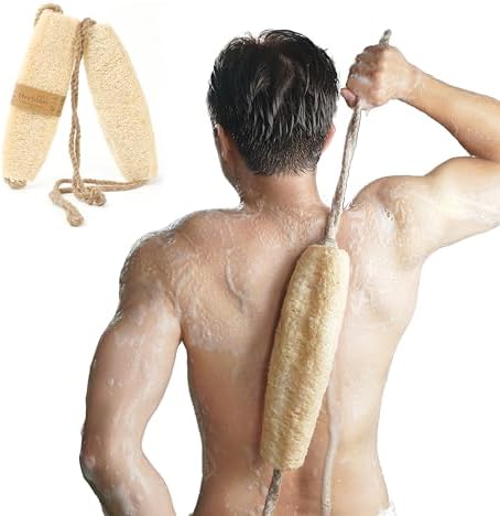 Vietnamese Natural Loofah Back Scrubber - 100% Plant-Based Exfoliation Shower Sponge, Handcrafted Whole Loofah Gourd with Jute Fiber Handle, Suitable for Men & Women (1-Pack)