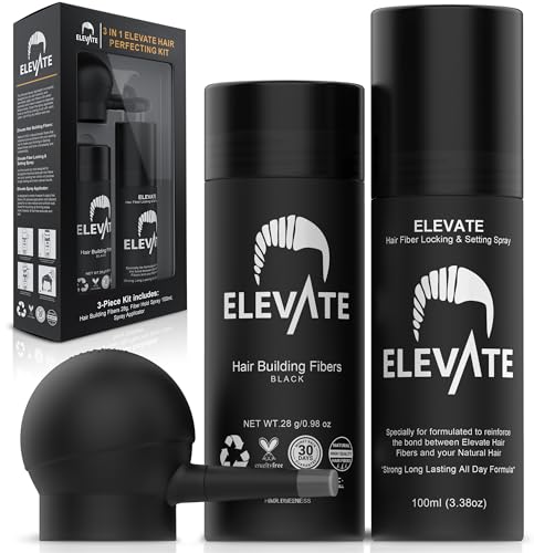 ELEVATE Hair Perfecting 3-in-1 Kit Set Includes Natural Hair Thickening Fibers & Spray Applicator Pump Nozzle & Locking Setting Hold Spray | Instantly Conceal Balding and Thinning Areas (Black)