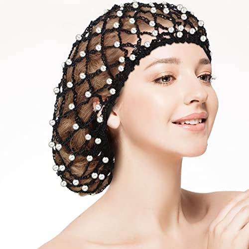MTLEE 2 Pcs Black and Gray Mesh Crochet Pearl Hair Snood Rayon Knit Crocheted Sleeping Cap Net for Women Long Curly Hair