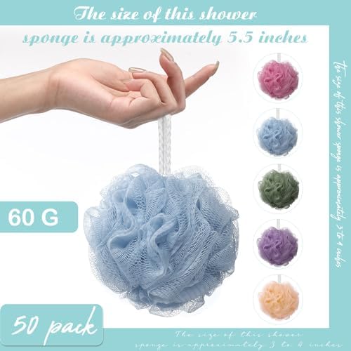 Nitial 50 Pcs Large Bath Shower Loofah Sponge Bulk 60g Exfoliating Bath Sponge Soft Shower Scrunchies Colorful Bath Loofahs for Men Women Shower (Soft Color)