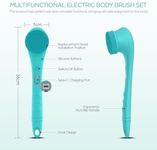 VOYOR Electric Body Brush Back Scrubber Silicone Body Scrubber Two-Way Rotating Brush Head for Deep Cleaning, Exfoliation, 4 Attachments Long Handle IPX6 Rechargeable Shower Brush BC300 (Blue)