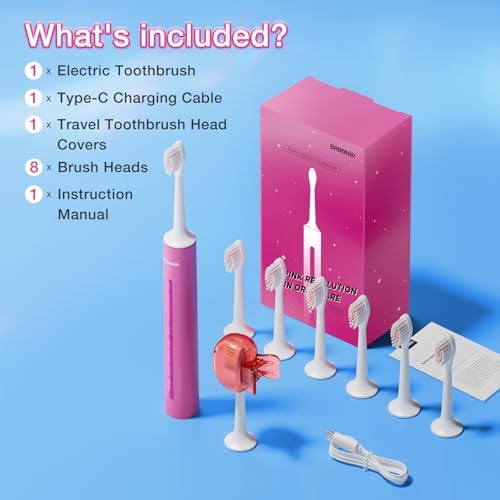 Sonic Electric Toothbrush with 8 Brush Heads for Adults & Kids 3+, One Charge for 180 Days, 5 Modes, Smart Timer, IPX7 Waterproof, Rechargeable Toothbrush with Brush Cover, Dark Pink