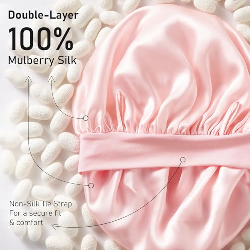 LitBear 100% Mulberry Silk Bonnet for Sleeping Women, 6A 22 Momme, Large Double-Layer Silk Hair Wrap with Tie Band, Non-Slip Turban, Includes Silk Scrunchie
