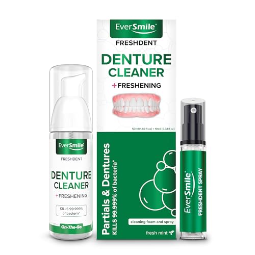 EverSmile FreshDent Denture and Partial Denture Cleaner + Teeth Whitening Spray – Travel Size Alternative to Cleaning Tablets That Eliminates Bacteria and Fights Bad Breath – 50ml + 10ml Pack