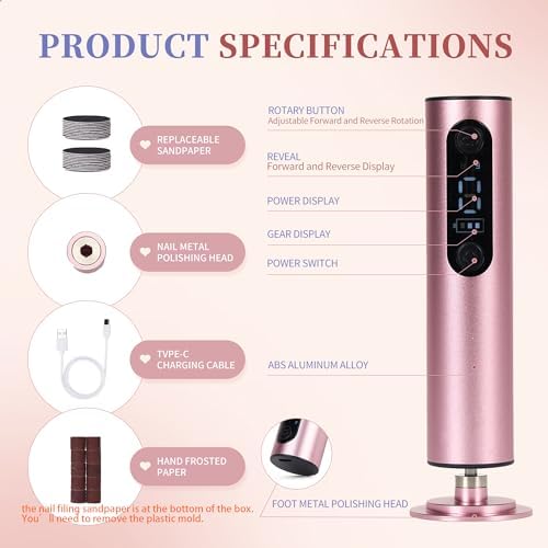 Electric Foot Callus Remover – Foot File Rechargeable Pedicure Tool with Adjustable Speed, Digital Display, Sandpaper Discs & Nail Drill Bits – Pink