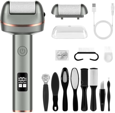 Electric Foot Callus Remover for Men & Women with LED Display，2-Speed Rechargeable Foot File, 17-in-1 Pedicure Tools Kit for Hard Dead Skin,2025 Cracked Heels & Dry Calluses (Gray)