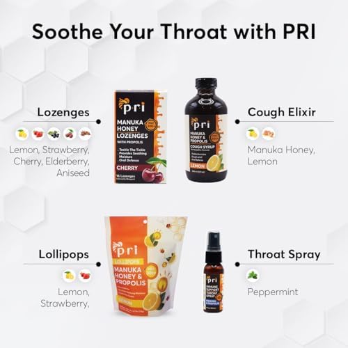 P.R.I Manuka Honey Lozenges with Propolis, Soothing Cough and Throat Drops, MGO 300+ Certified, (Lemon, 16 Count/2 Pack)