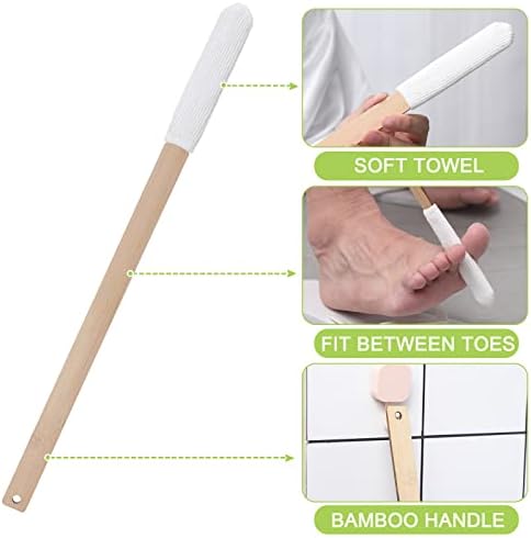 Yaomiao Set of 2 Long Handle Toe Brush 15.75 Inches Wooden Foot Towel Brush with Reusable Remove Soft Drying Covers for Foot Scrubber Cleaning Between Toes