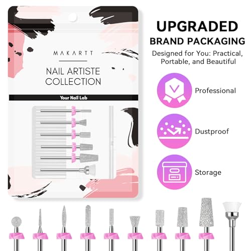 Makartt Nail Drill Bits:10Pcs Dimond Sanding Bit Sets for Nail Drill E-File,Upgraded Cuticle Cleaner Nail Bit Kit Tool Bits for Acrylic Nail Art Tools Nails Manicure Nail Prep,Nail Salon Home DIY Use
