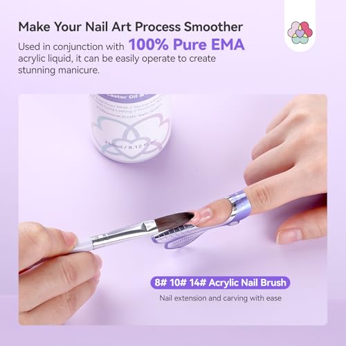 SAVILAND Essentials Acrylic Liquid Monomer: 8.12fl.oz Non-Yellowing EMA Monomer Acrylic Nail Liquid with Size 8,10,14 Nail Brushes for Acrylic Powder Application Beginner Nail Kit Home Nail Salon DIY