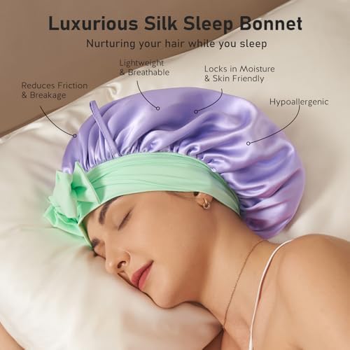 LitBear 100% Mulberry Silk Bonnet for Sleeping Women, 6A 22 Momme, Large Double-Layer Hair Wrap with Tie Band