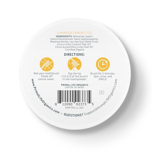 Primal Life Organics - Dirty Mouth Luminous Lemon Toothpowder, Tooth Cleaning Powder, Flavored Essential Oils with Natural Kaolin & Bentonite Clay, Good for 200+ Brushings, Paleo, Organic, Vegan