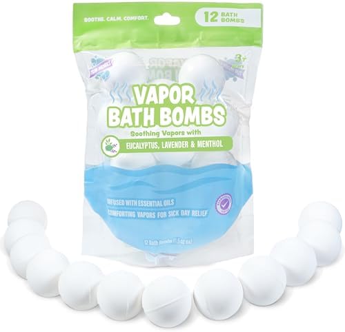 Tub Works® Vapor Bath Bombs for Toddlers & Kids, 12 Pack | Natural Essential Oils for Aromatherapy | Calming Eucalyptus Bath Bomb with Lavender & Menthol for Cold, Flu & Congestion Relief