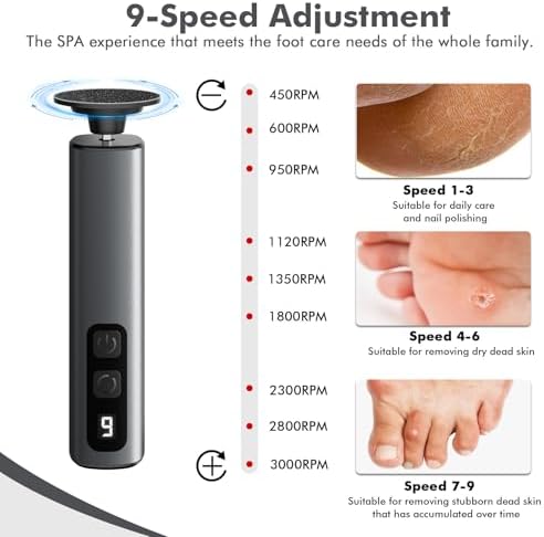 Electric Callus Remover for Feet,Professional Foot File Scraper with 9 Adjustable Speeds,Rechargeable Pedicure Tool with Replacement Sandpaper Discs for Dead Skin Calluses