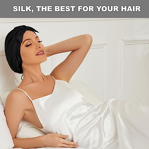 Natural 22 Momme 100% Mulberry Silk Bonnet for Sleeping, Soft Premium Grade 6A Silk Sleep Cap for Hair, Hair Wrap with Elastic Band (Black,1pc)