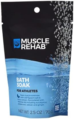 Muscle Rehab| (5) Travel Epsom Soak Packets Arnica, Magnesium Salt, Body, Hand, Foot Pain Relief, Sore Feet Relief, Foot Bath Soak, Epson Salts for Soaking Feet, Stiffness and Pain Relief, Single use