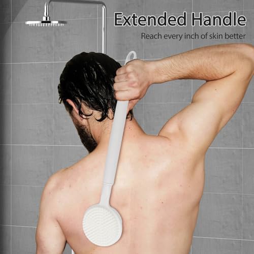 Silicone Back Scrubber for Shower - Adjustable Extendable (40-60 cm / 15.7"-23.6") Long Handle Body Brush with Foam-Generating Dual-Sided Heads for Men & Relaxing Massage Exfoliation