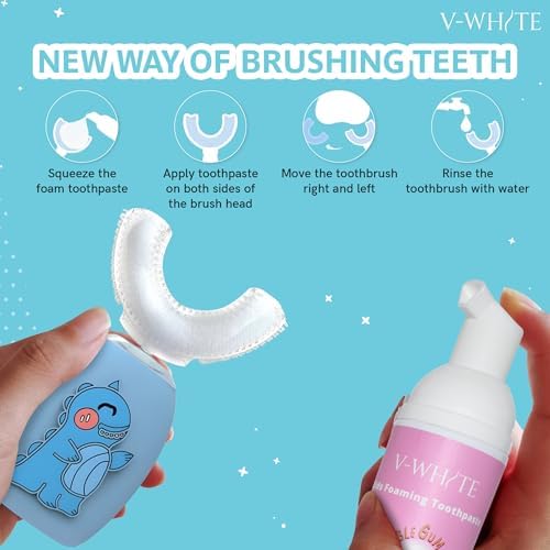 V-White Foam Teeth Whitening Toothpaste - Organic Toothpaste Fluoride Free, Alcohol Free, pH Balanced - Deep Cleansing, Stain Removal, Travel Friendly, for Kids & Adults (Large, Bubblegum)