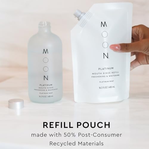 MOON Platinum Whitening Mouth Rinse - Teeth Whitening Mouth Wash for Adults - Alcohol & Fluoride Free - with Hyaluronic Acid & Aloe Vera to Nourish a Healthy Microbiome - Platinum Mint (16.2 Fl Oz)