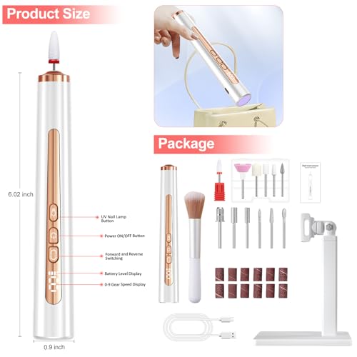 Electric Nail Drill with U V Light, Cordless Nail Drills Professional, Portable Electric Nail File Kit Rechargeable Efile Nail Drills for Acrylic Gel Nail Manicure Nail Drill Kit for Salon Home