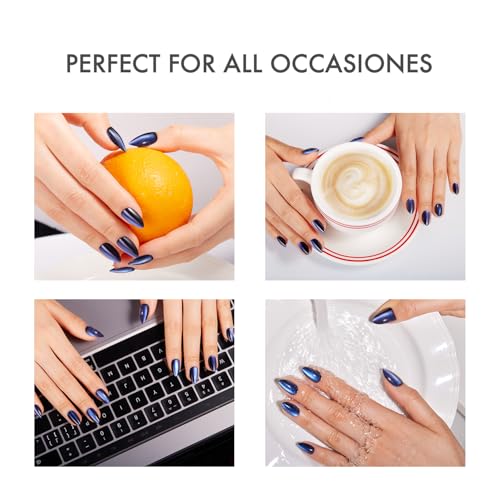 VSALON Press on Nails Short Almond - Blue Cat Eye Chrome Glue On Nails Kit for Women, Reusable Opaque Gel Stick on Nails with Glue & Cuticle Oil - 32 PCS Fake Nails in 16 Sizes (Tear Of The Sea)