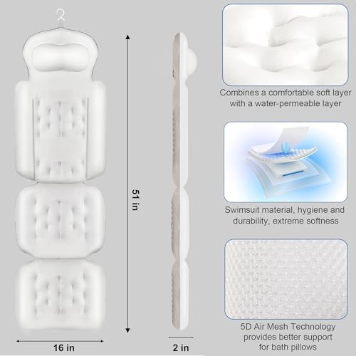Luxury Full Body Bath Pillow for Bathtub, Bath Pillows for Tub with Mesh Laundry Bag, Cushion for Bathtub Headrest Neck Back Support - 5D Air Mesh & Quick Drying | White 51" x 16"