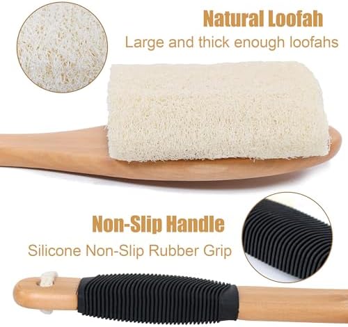 OWIIZI Back Loofah Scrubber Brush with Long Handle, Hard Loofa Sponge Body Bath Scrubber for Shower, Natural Luffa Skin Exfoliating On a Stick for Men Women Elder