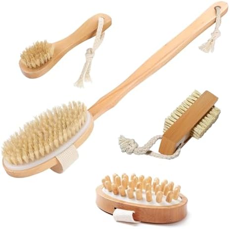Wooden Bath Brush Set - Detachable Dry Body Brush, Natural Face Exfoliator, Facial Scrubbing Brush, Anticellulite Massager, Massaging Cellulite Remover, Cleaning Nail Brushing
