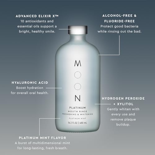 MOON Platinum Whitening Mouth Rinse - Teeth Whitening Mouth Wash for Adults - Alcohol & Fluoride Free - with Hyaluronic Acid & Aloe Vera to Nourish a Healthy Microbiome - Platinum Mint (16.2 Fl Oz)
