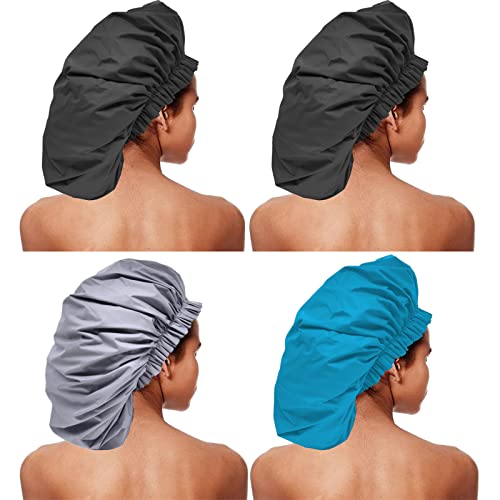 ELEBOX 4 Pack Premium Collection Super Jumbo Shower Cap Extra Large Shower Caps for Braids Shower Bonnets Women Waterproof Hair Caps for Spa Salon Shower Hat (X-Large, Black,Black,Blue,Gray)