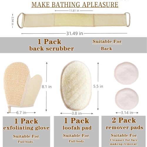 Exfoliating Natural Loofah Sponge Back Scrubber for Shower, Loofah Sponge Pads & Exfoliating Glove, Bath Shower Scrubber for Men and Women