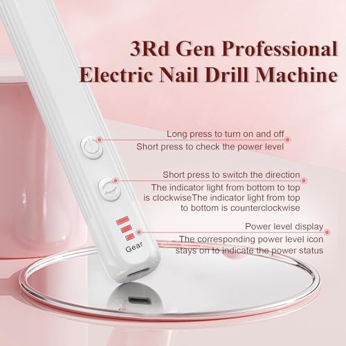 Professional Nail Drill Set, 2,0000 RPM Electric Nail File with 12 Grinding Head & 100Pcs Sanding Bands for Acrylic Gel Nails, Manicure and Polishing (White)