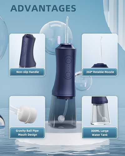 Water Flosser, Water Dental Flosser Pick for Teeth, 300ML IPX7 Waterproof Oral Irrigator, 3 Modes 4 Replaceable Jet Tips, Professional Flossing Cleaning Picks for Home Travel Gums (Mid Night Bule)