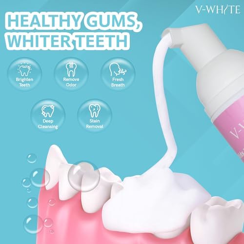 V-White Foam Teeth Whitening Toothpaste - Organic Toothpaste Fluoride Free, Alcohol Free, pH Balanced - Deep Cleansing, Stain Removal, Travel Friendly, for Kids & Adults (Large, Bubblegum)