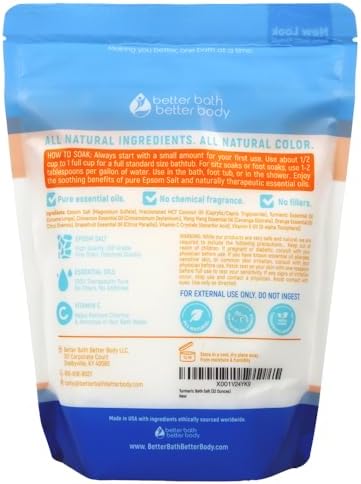 Turmeric Bath Salt 32 Oz Epsom Salt with Essential Oils Turmeric, Cinnamon, Orange Plus Vitamin C in BPA-Free Pouch with Easy Press-Lock Zipper | Natural Bath Soak to Relieve & Soothe | Made in USA