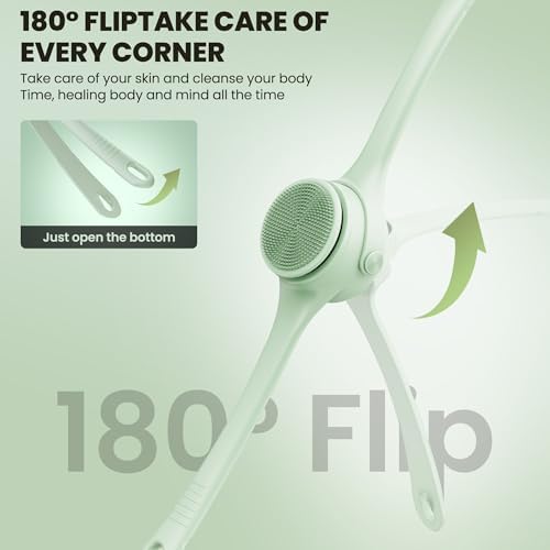 Electric Body Brush Back Scrubber for Shower – Waterproof Dual-Speed Bath Brush Long Handle with 4 Heads, Rechargeable Silicone Body Scrubber for Cleansing, Exfoliating and Massaging Skin Green