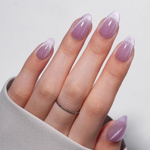VSALON Press On Nails Short Almond, 32 Pcs 16 Sizes Purple Cat Eye Press On Nails French Tip Acrylic Fake Nails With UV Glue Reusable Stick On Nails Semi-transparent False Nails Summer Gifts For Women