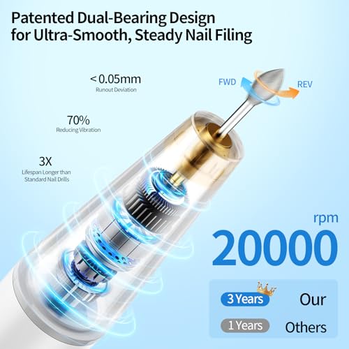 Electric Nail Drill Kit Professional - 9 Speed Cordless Electric Nail File with LED Display, Portable Nail Drill Machine for Acrylic Gel Nails, Hand Feet Trimmer Buffer Tool for Women Men Baby White