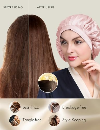 LilySilk 100% Mulberry Silk Bonnet, Silk Night Sleep Cap Adjustable Hair Wrap for Sleeping, Rosy Pink