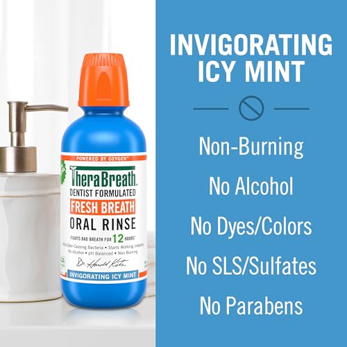 TheraBreath Fresh Breath Oral Rinse, Invigorating ICY Mint Flavor, Dentist Formulated and ADA-Accepted Mouthwash for Bad Breath pH-Balanced, Alcohol Free & Non-Burning, 1 Liter