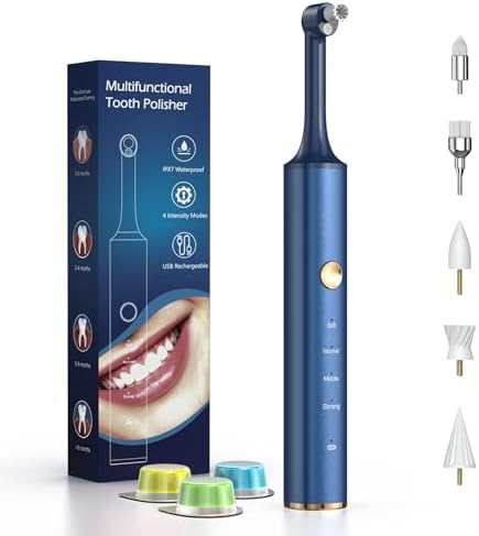 Tooth Polisher, Tooth Whitening Kit for Teeth Cleaning and Whitening, Rechargeable Teeth Polisher for People/Pets,Teeth Cleaning Kit with 5 Brush Heads,4 Speed Modes and LED Light, Waterproof(Blue)