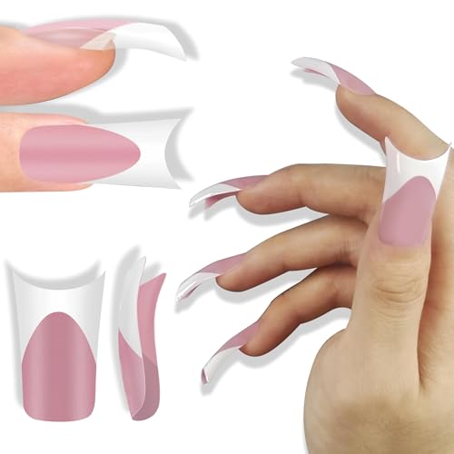 White French Tip Duck Feet Nail Tips BERRY PINK Full Cover Press on Acrylic with Moon Curve, Thick Medim Long Pre-Etched Matte Flare Wide Soft Gel Fake False Nail Extension x 15 Sizes 150 pcs