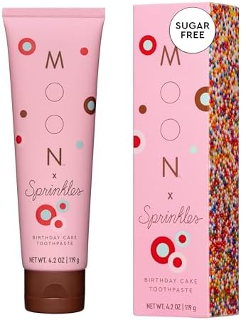 Moon x Sprinkles Birthday Cake Flavored Toothpaste, Fluoride Free - Sugar & SLS Free Toothpaste - Low-Foaming, Gentle on Gums & Enamel - with Hints of Vanilla Buttercream (4.2 Oz)